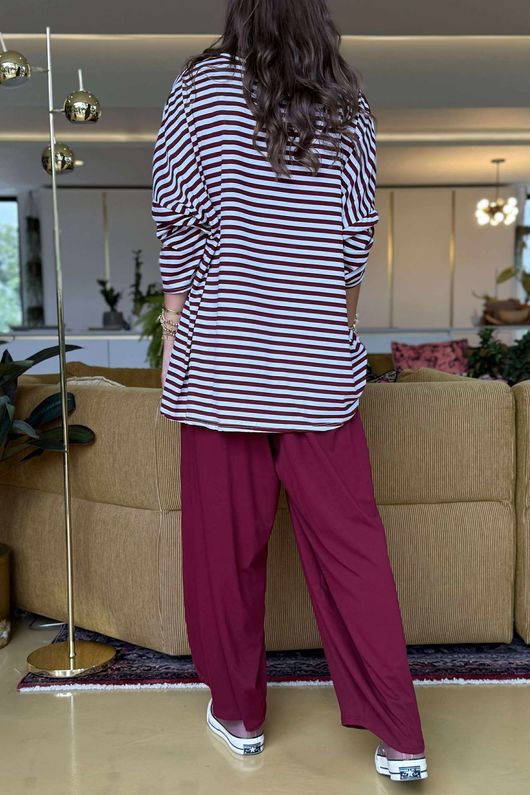 Made in Italy Perfect Breton V Long Sleeve Top Burgundy - **